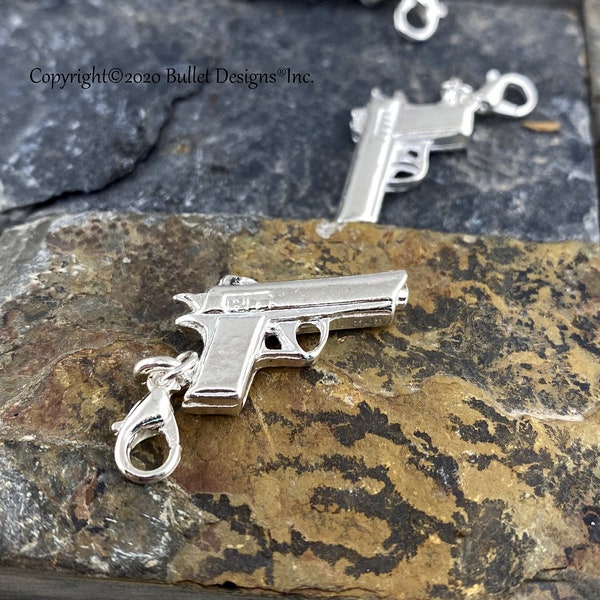 Gun Charm, Silver Plated, Semi-Automatic Pistol , Lobster Claw Clasp, Pendant, Earrings, Necklace , Bracelet , QTY 5,   1 1/2" overall,C102