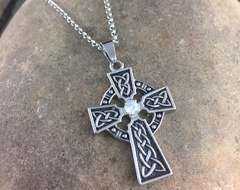 Celtic Cross Necklace, Custom Length Stainless Steel Silver Custom Chain, Religious, QUICK SHIP, Christian Jewelry, CZ Cubic Zirconia