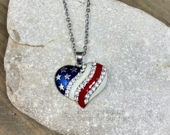 USA Heart Flag Rhinestone Necklace, Stainless Steel Chain, Independence Day, Patriotic, Custom, 4th of July, Red White and Blue