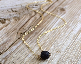 Lava Bead Necklace, Diffuser Necklace, Aromatherapy, Essential Oil Necklace, Lava Jewelry, Black Lava, GOLD FILLED, Custom Length, Choker