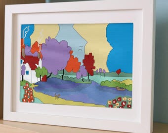 Lakeside View - Clarice Cliff Style Cross Stitch Pattern - Instant Download