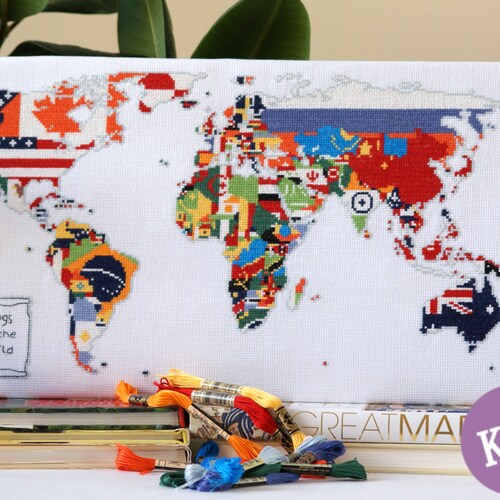 Flags of the World Map Cross Stitch Kit Etsy UK