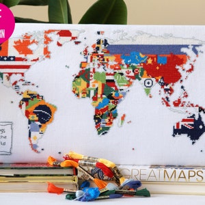 Flags of the World Map - Cross Stitch Pattern - Instant Download