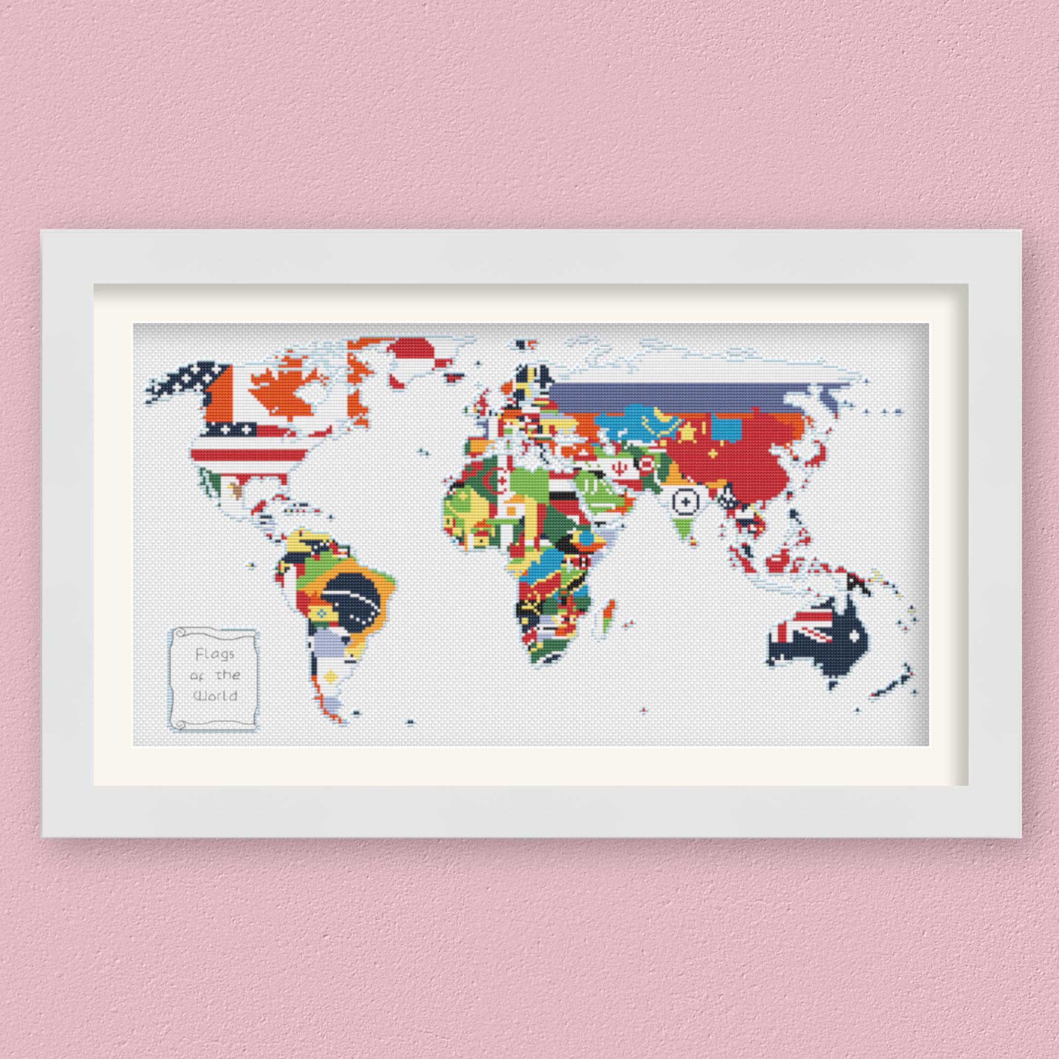 Flags of the World Map Cross Stitch Pattern - Instant Download