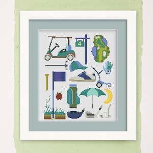 May include: A colourful cross-stitch pattern featuring various golf-themed items, including a golf cart, golf clubs, a golf bag, a golf ball, a golf shoe, a golf flag, a golf glove, a golf tee, a golf hat, a golf umbrella, and a golf course. The pattern is on a white background with a blue border.