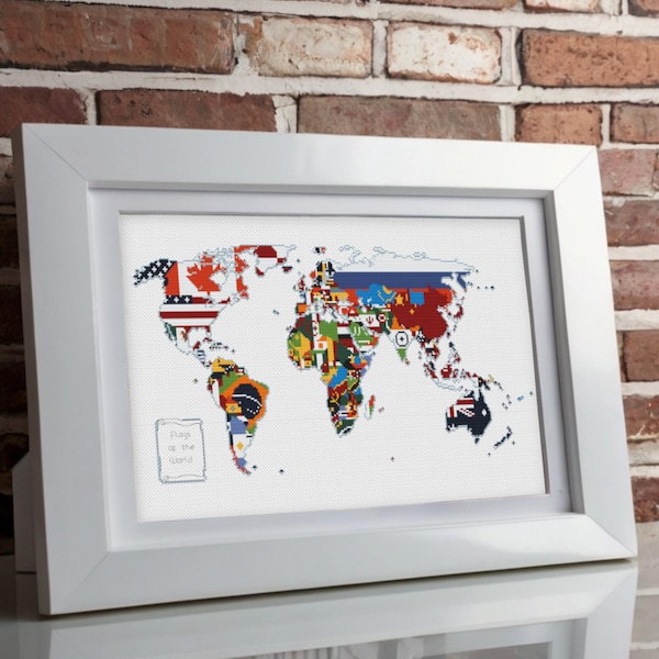 Patrón de punto de cruz con el mapa de las banderas del mundo - Descarga instantánea