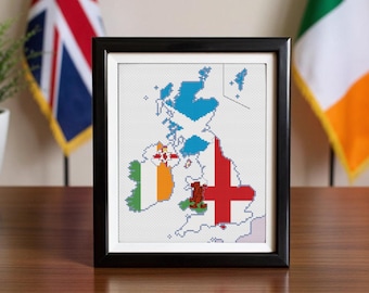 Mapa das Bandeiras das Ilhas Britânicas - Padrão de Ponto Cruz - Download Imediato