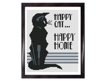 Happy Cat Happy Home - Art Deco Style - Counted Cross Stitch Pattern - Instant Download