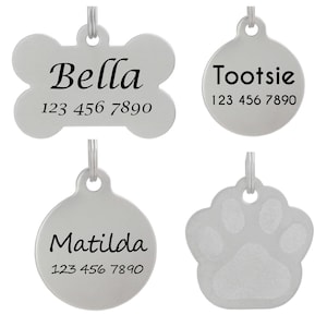 Laser Etched Stainless Steel Pet ID Tags FREE Custom Personalized for Dog & Cat Paw Print Bone Round Tag