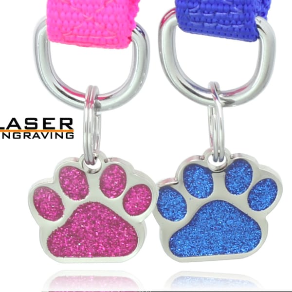 Personalized Glitter Pet ID Tag, Laser Etched Paw Print, Custom Dog Cat Tag