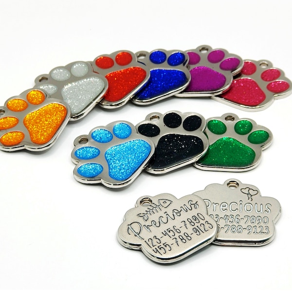 Deep Engraving, Glitter Paw Pet ID Tag, Custom Engraved, Dog Tags Personalized, Dog Name Tag, Cat Tags Personalized, Pet Tag Personalized