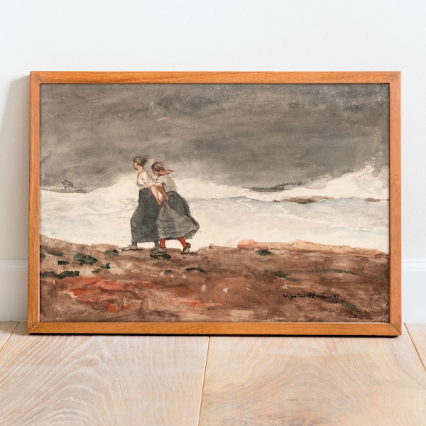 Two girls walking by sea, Vintage Art Print, Winslow Homer, Farmhouse Decor