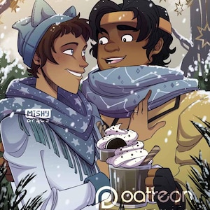 May include: Two people, one with brown skin and one with light skin, are standing close together in a snowy forest. They are both wearing winter clothing, including scarves with star patterns. The person on the left is wearing a blue beanie with cat ears. The person on the right is wearing a yellow jacket. They are both holding cups of hot chocolate topped with whipped cream and chocolate cookie crumbs.