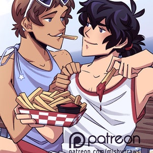 May include: Two cartoon characters, one wearing a blue tank top and heart-shaped sunglasses, and the other wearing a white tank top with red trim, are enjoying a meal of french fries and ketchup. The character in the blue tank top is holding a tray of fries, while the character in the white tank top is dipping a fry into ketchup. The image includes the text "patreon.com/mishydraws" and "mishydraws.tumblr.com".