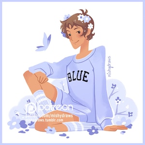 May include: A cartoon illustration of a person wearing a light blue sweatshirt with the word "BLUE" printed on the front. The person is wearing a flower crown and sitting on a bed of blue flowers. A butterfly is flying above the person.