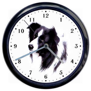 May include: Black and white border collie dog clock with black hands and a black frame. The clock face has white numbers and black dots for the minutes.