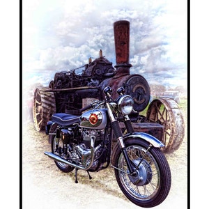Pode incluir: Uma motocicleta prateada e cromada, uma BSA Rocket Gold Star, estacionada em frente a uma grande máquina a vapor vintage. A motocicleta tem um farol cromado e um emblema vermelho no tanque de gasolina. A máquina a vapor está enferrujada e tem uma grande chaminé preta. A legenda diz "Beauty and the Beast" e "BSA Rocket Gold Star".