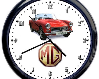 MG, MG Midget röd klassisk bil stor 25 cm svart väggklocka
