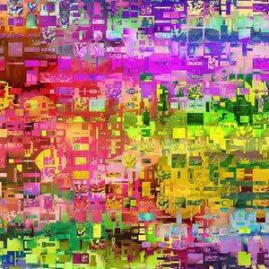 May include: Abstract digital art with a colorful mosaic of squares and rectangles in shades of blue, green, yellow, pink, and purple.