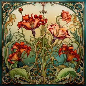 May include: A square, Art Nouveau-style floral design. The image features vibrant red and orange flowers with green leaves and stems, set against a teal and gold background. The artwork is framed with a decorative border, showcasing intricate lines and curves.