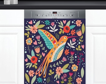 Dishwasher Cover Choose Magnet Or Vinyl Decal Sticker, Scandinavian Bird And Flowers Folk Art Design D0084 - choose your type from the menu.