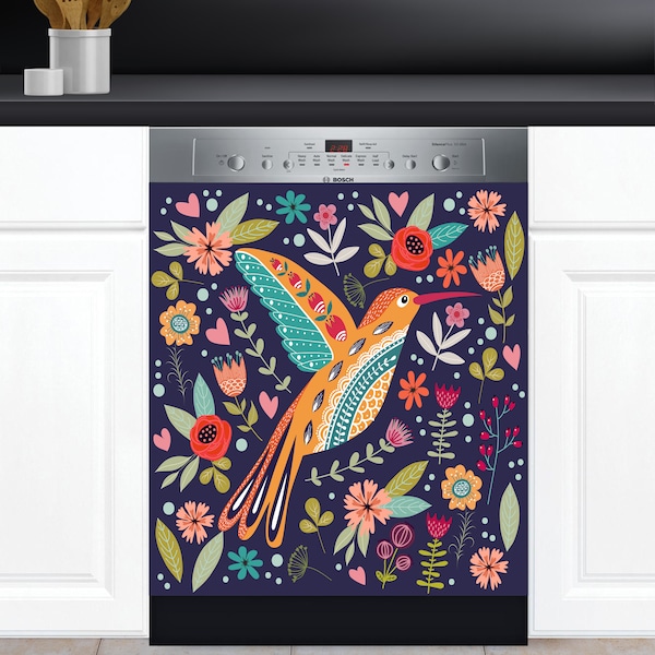 Dishwasher Cover Choose Magnet Or Vinyl Decal Sticker, Scandinavian Bird And Flowers Folk Art Design D0084 - choose your type from the menu.