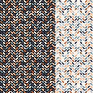 May include: Two seamless patterns featuring a chevron design made of small, overlapping circles in shades of brown, blue, and white.