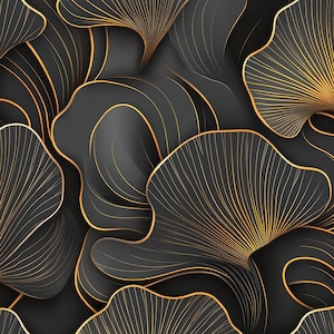 May include: A pattern of overlapping dark gray, fan-shaped forms with smooth, rounded edges. Each form is outlined in a thin, metallic gold line, with additional fine gold lines radiating from the base of each shape toward the outer edges.