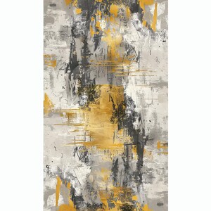 May include: Abstract art print featuring a mix of gray, black, and gold paint. The print has a textured look and a modern style.