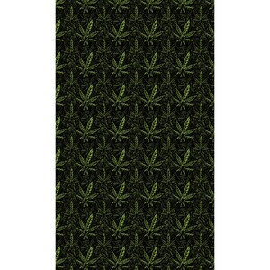 May include: A repeating pattern of green cannabis leaves on a black background. The leaves are detailed with visible veins and are evenly spaced across the surface. The design creates a textured, organic appearance.