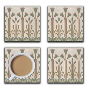 May include: Set of four square coasters with a beige background and a repeating pattern of stylized green and brown papyrus plants. The coasters have a decorative border of green and brown zigzags. One coaster has a white cup with brown liquid on top.