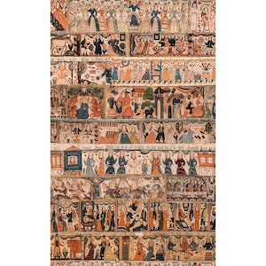May include: A vintage folk art painting depicting a series of scenes with figures in traditional clothing. The painting is done in a naive style with bright colors and simple lines. The scenes include people working in fields, dancing, and attending church.
