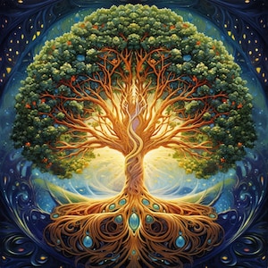 May include: A vibrant illustration of a tree of life, featuring a detailed trunk and branches with green foliage. The roots are intricately designed with blue gems, set against a swirling blue and gold background. The artwork evokes a sense of growth and connection.