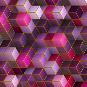 May include: Abstract geometric pattern with purple and pink cubes with gold trim. The cubes are arranged in a repeating pattern.