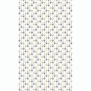 May include: A white background with a repeating pattern of black bows and gold stars. The bows are arranged in vertical rows, with each row offset from the one above it. The stars are scattered randomly throughout the pattern.