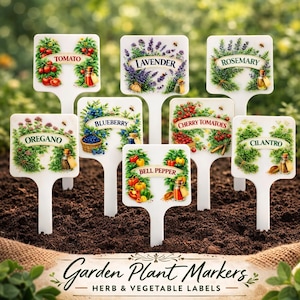 May include: A collection of white garden plant markers with illustrations of herbs and vegetables, including tomatoes, lavender, rosemary, blueberry, cherry tomatoes, oregano, cilantro, and bell pepper. The text "Garden Plant Markers - HERB & VEGETABLE LABELS" is at the bottom.