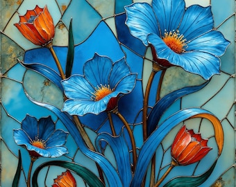 Blue & Amber Stained Glass Floral Decorative UV Printed Glazed Tile with Embossed Texture For Display or Wall Accent (4.25" or 6") T0059