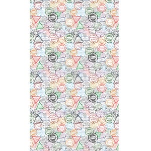 May include: A repeating pattern of colorful travel stamps on a white background. The stamps include text such as "London", "Berlin", "Buenos Aires", and "Italy", in various shapes and colors. The design is suitable for travel-themed products.