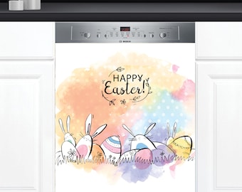 Dishwasher Cover Choose Magnet Or Vinyl Decal Sticker, Watercolor Eggs, Bunny Easter Design D0036- choose your type from the menu.