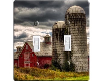 Embossi Printed Maxi Metal Vermont Red Barn & Silos Under Stormy Skies Photo  Switch Plate - Light Switch / Outlet Cover, L0234