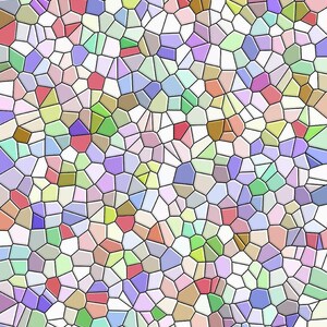 May include: Abstract mosaic pattern with a variety of colors including red, green, purple, and yellow. The design is composed of irregular shapes separated by black lines, creating a stained-glass effect.