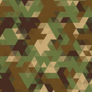 May include: Camouflage pattern with a mix of green, brown, and beige triangles.