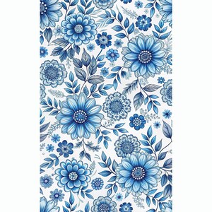 May include: A seamless pattern featuring blue and white floral designs. The pattern includes various sizes of flowers, leaves, and stems. The background is white.