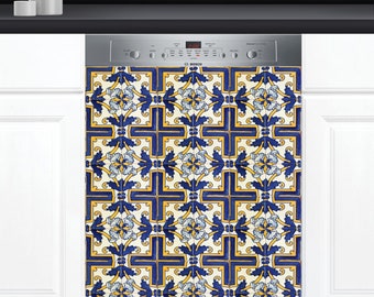 Dishwasher Cover Choose Magnet Or Vinyl Decal Sticker, Vintage Timeworn Look Portugal Spain Azulejo Tiles Pattern Design D0046