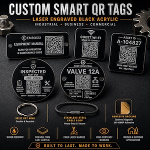 May include: Custom smart QR tags made of laser-engraved black acrylic. The set includes rectangular, square, and circular tags with various industrial labels, QR codes, and text like Equipment Manual, Guest Wi-Fi, Asset ID, and Valve 12A.