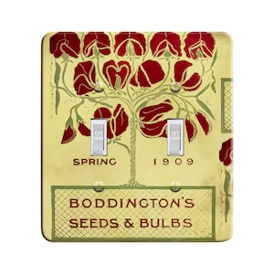 May include: A vintage-style light switch plate featuring a floral design with red flowers and green leaves. The text "Boddington's Seeds & Bulbs" is printed at the bottom, along with the year "1909" and the word "Spring".
