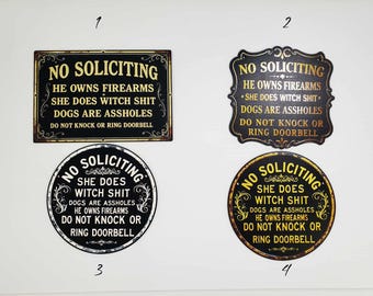 Funny No Soliciting Sign – Witchy Humor Home Decor – Dogs, Doorbells & Boundaries – 8x12 Vintage Style Wall Sign | Pagan Occult Humor