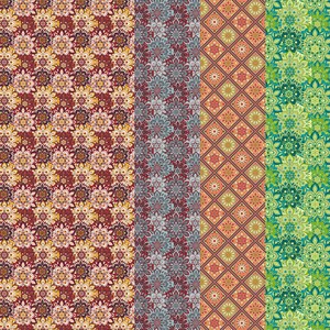 May include: Four seamless patterns with intricate floral designs. The patterns are in shades of red, yellow, blue, green, and white.