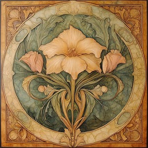 May include: A floral art print featuring a large, light orange flower at the center, surrounded by green leaves and two smaller pink buds. The design is framed by a circular border and a square outer frame, all in shades of tan and brown.