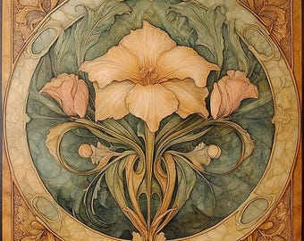 Art Nouveau Decorative Ceramic Tile – UV Printed Glazed Tile with Embossed Texture – Elegant Display or Wall Accent (4.25" or 6") T0010